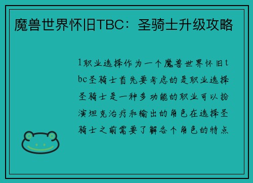 魔兽世界怀旧TBC：圣骑士升级攻略