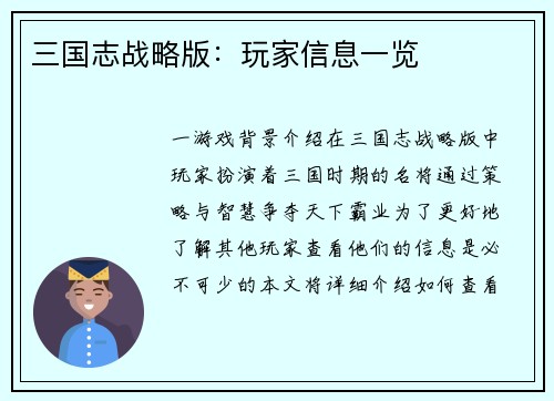 三国志战略版：玩家信息一览